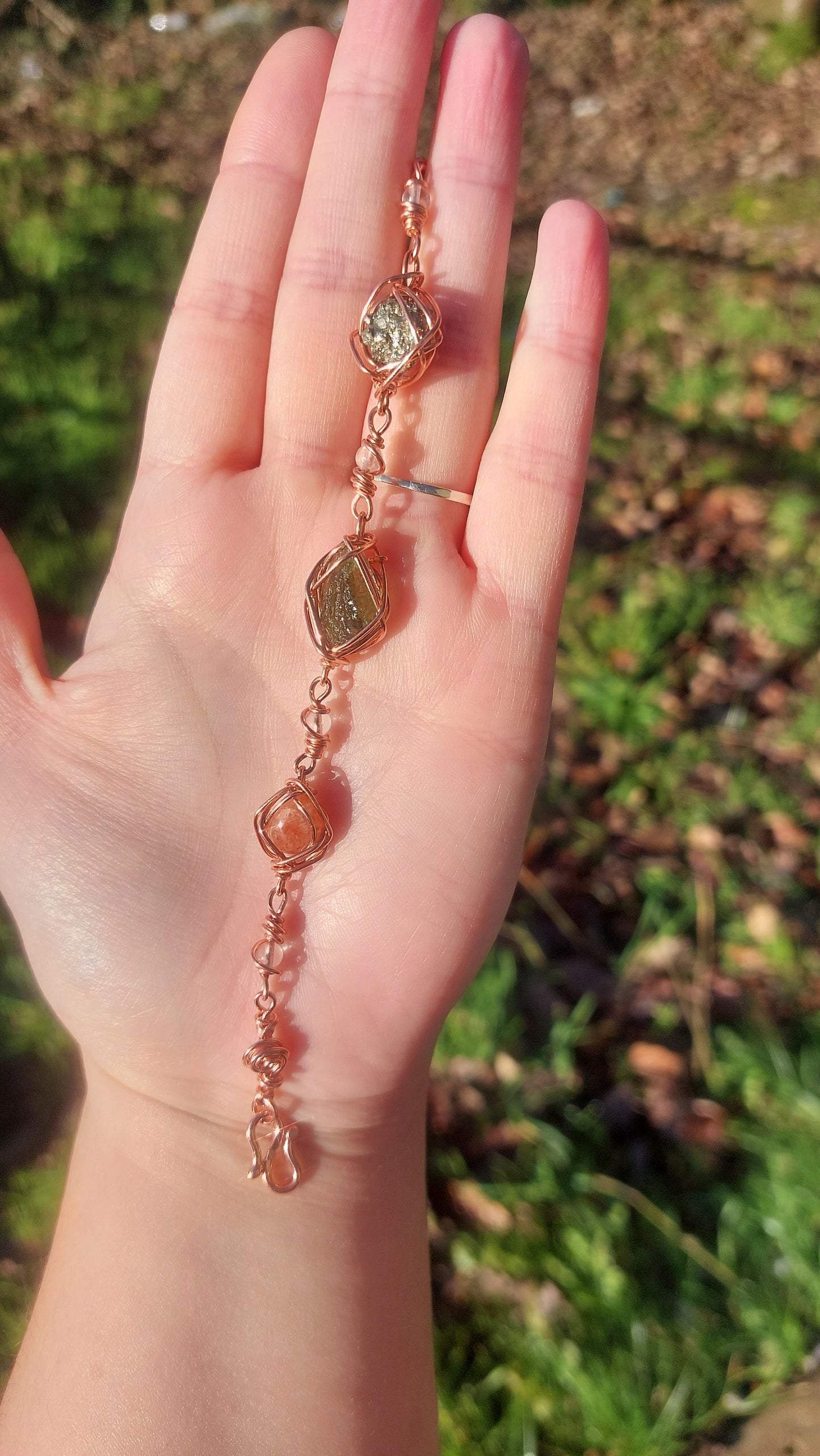 7 Inch Pyrite, Moldavite & Sunstone Bracelet