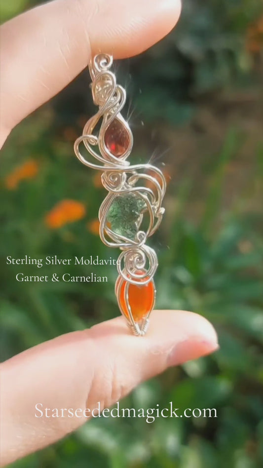 Sterling Silver Goddess Energy Token, With Faceted Garnet, Moldavite & Faceted Carnelian