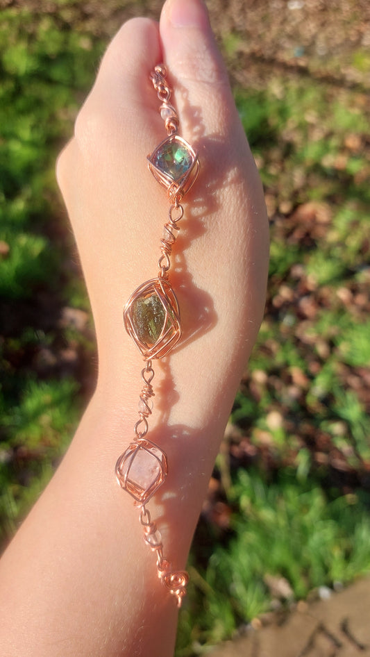 7 Inch Mystic Topaz, Moldavite & Brazilian Phenacite Bracelet