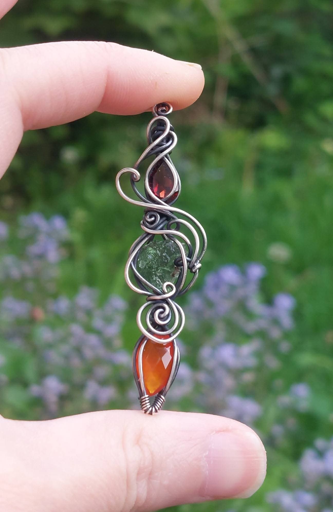 Sterling Silver Goddess Energy Token, With Faceted Garnet, Moldavite & Faceted Carnelian