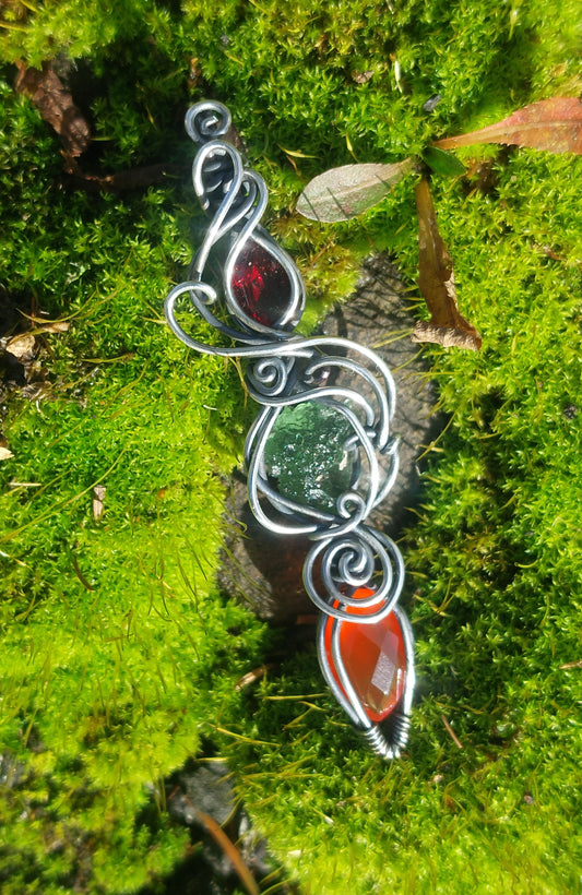 Sterling Silver Goddess Energy Token, With Faceted Garnet, Moldavite & Faceted Carnelian