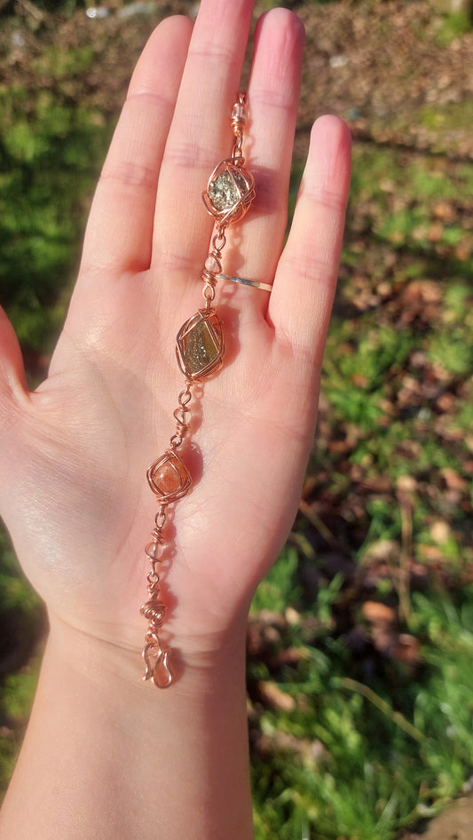 7 Inch Pyrite, Moldavite & Sunstone Bracelet