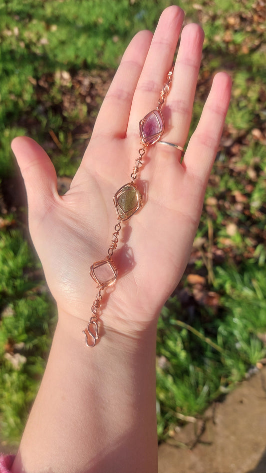 7 Inch Rose Quartz, Moldavite & Amethyst Bracelet