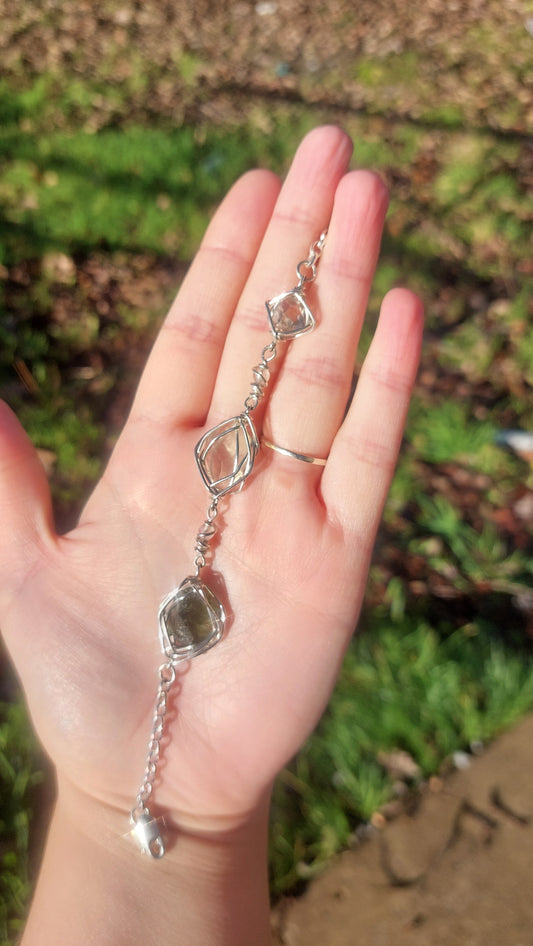 8 Inch Sterling Silver Herkimer Diamond, Libyan Desert Glass & Moldavite Bracelet