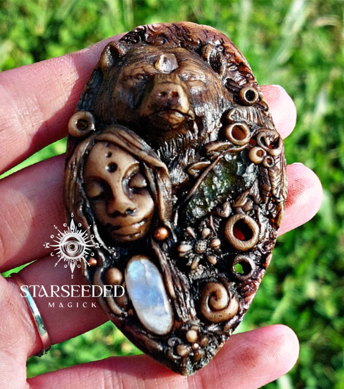 Moonstone, Moldavite & Herkimer Diamond Goddess With Bear Guardian 🔥🔥✨️