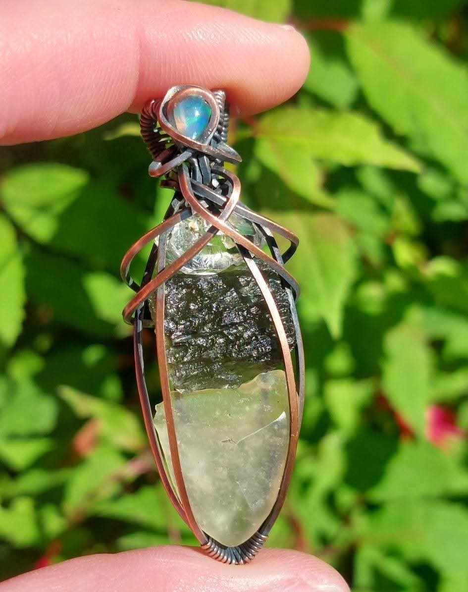 Moldavite Libyan Desert Glass & Herkimer Diamond Energy Token With Opal Accent