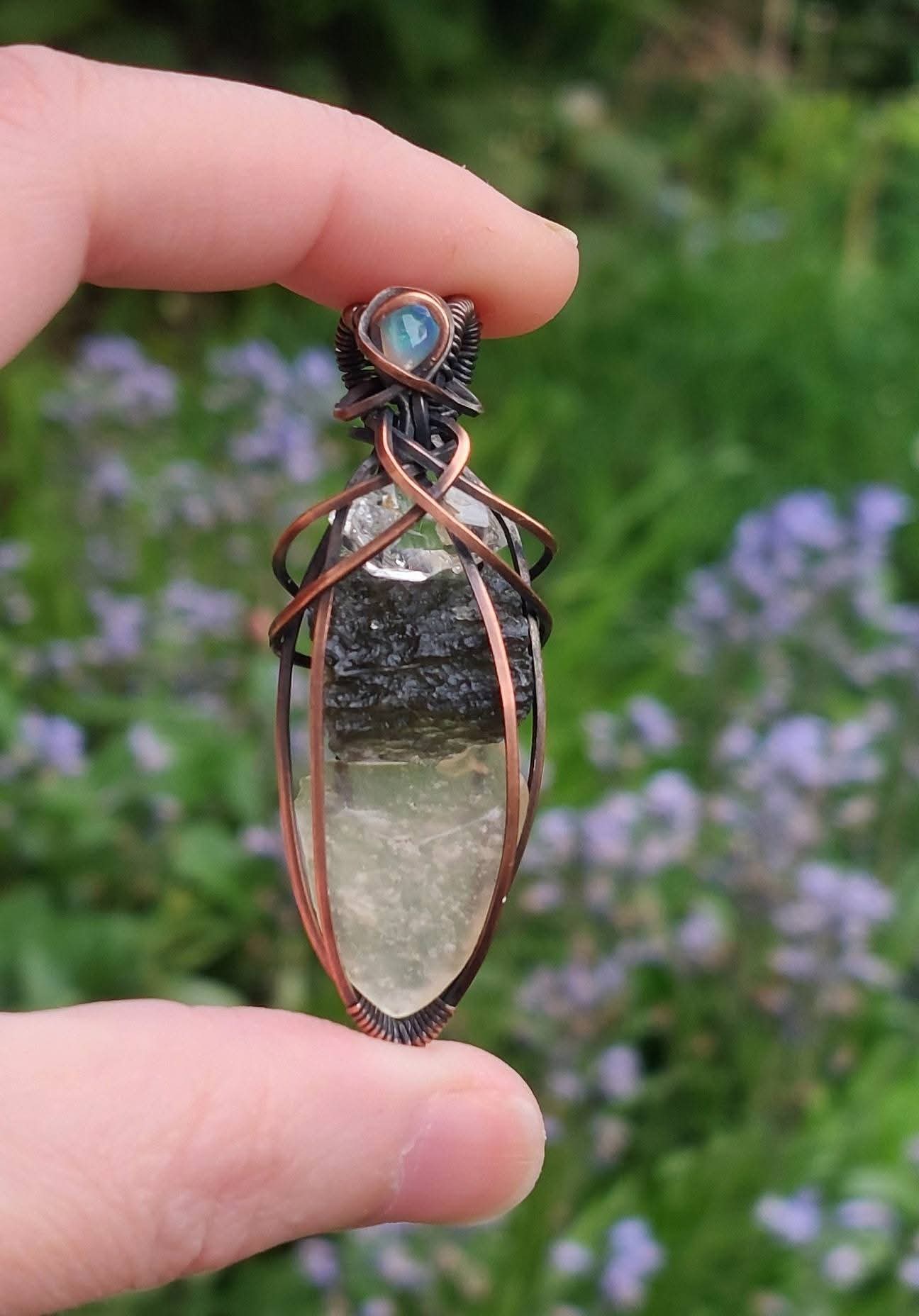 Moldavite Libyan Desert Glass & Herkimer Diamond Energy Token With Opal Accent
