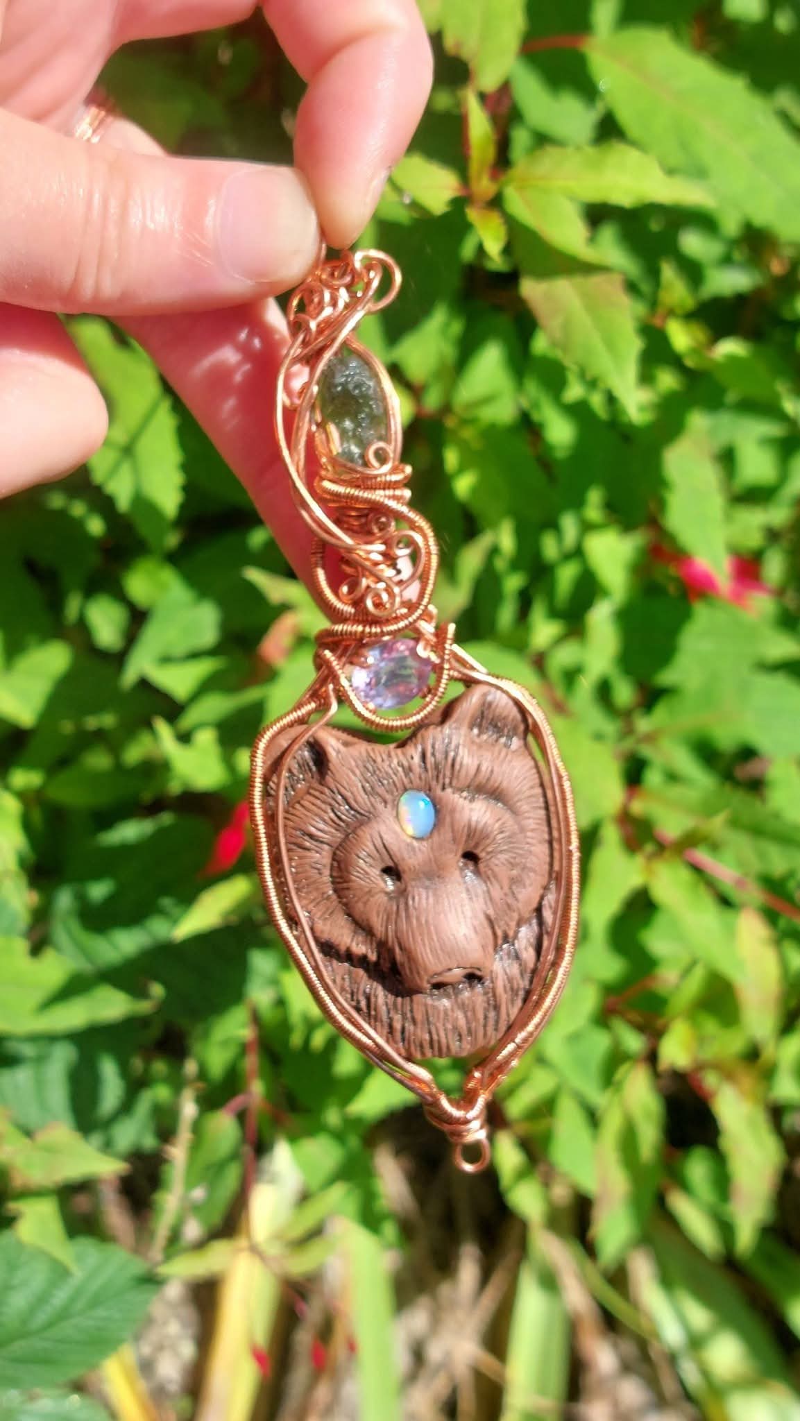 bear talisman with moldavite lavedar quartz